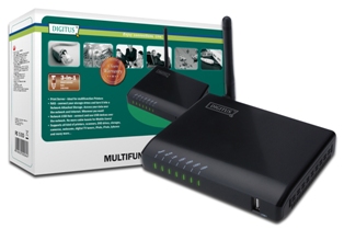 DIGITUS Bezdrátový multifunkční síťový server 150 N, 4 porty, USB 2.0, síťový rozbočovač USB, NAS, tiskový server