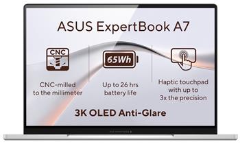 ASUS ExpertBook A7/ Core 5 320/ 16GB DDR5/ 512GB SSD/ Intel Graphics/ 14"WQXGA+, OLED/ W11H/ stříbrný/ 3y onsite NBD