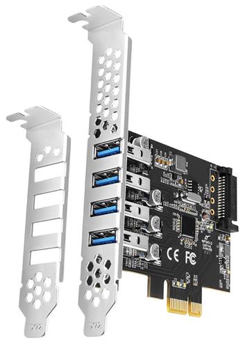 AXAGON PCEU-43RS, PCIe řadič, 4x USB 3.2 Gen 1 port, 5 Gbps, napájení z PCIe nebo SATA, SP & LP