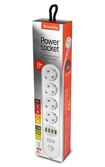 COLORWAY Prodlužovací napájecí přívod/ 4x Schuko/ 4x USB 5V / kabel 2m