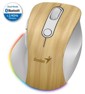 GENIUS Ergo 9000S Pro Pine Wood/ duální Bluetooth+2,4GHz/ 2400dpi/ bezdrátová/ 6 tlačítek/ dobíjecí/ RGB/ barva borovic