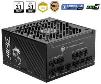 MSI zdroj MPG A1000GS PCIE5/ 1000W/ ATX3.1/ akt. PFC/ 10 let celk. záruka/ 135mm fan/ modulární kabeláž/ 80PLUS Gold
