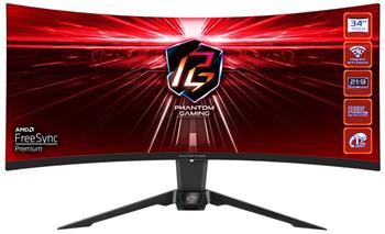 Phantom Gaming by Asrock monitor PG34WQ15R2B prohnutý 34"/ VA/3440x1440/165Hz/550cd/m2/1ms/ 8bit/DP/2x HDMI/wifi ant.