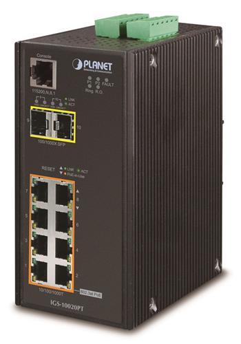 Planet IGS-10020PT průmyslový L3 switch, 8x1Gb, 2x2.5Gb SFP, 8x PoE 802.3at 240W, 48-54VDC, -40~75°C, IP30