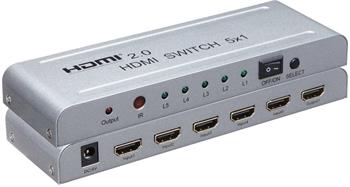 PremiumCord 4Kx2K@60Hz HDMI switch 5:1 kovový s dálkovým ovladačem a napájecím adaptérem